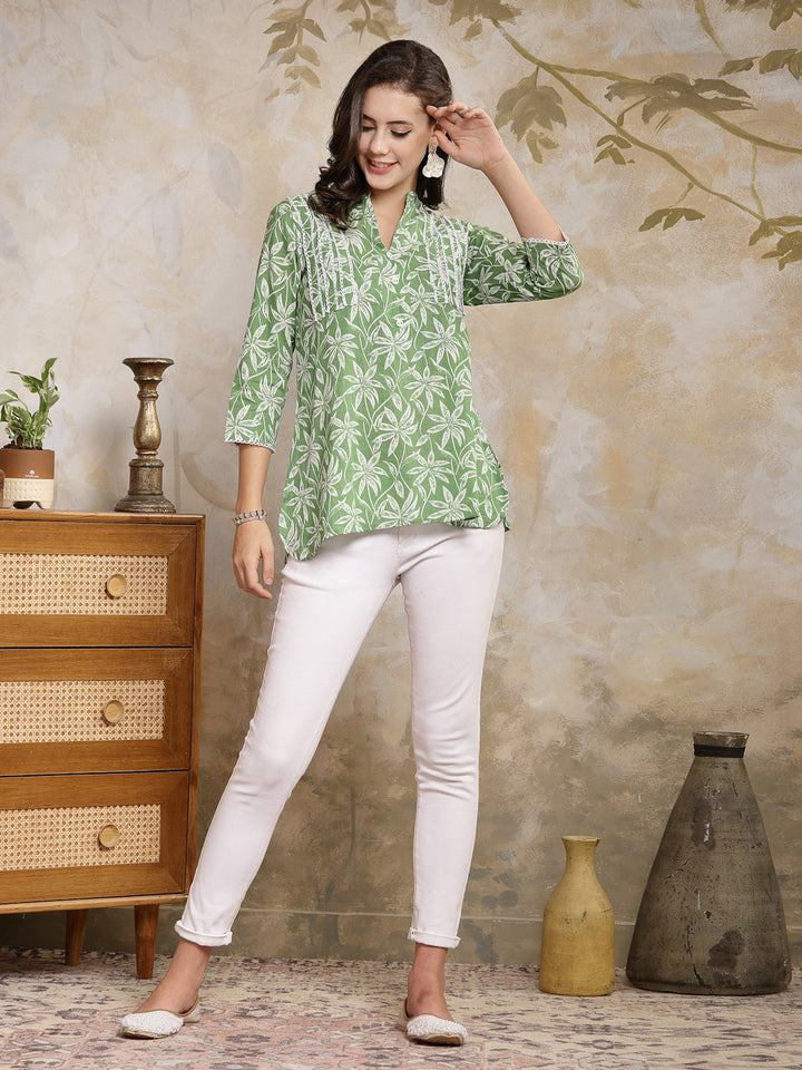 Green-Cotton-Tropical-Printed-Empire-Top