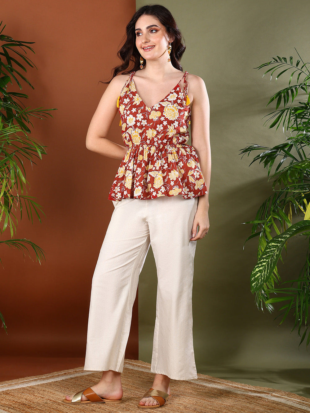 Rust-Cotton-Floral-Printed-Short-Peplum-Top