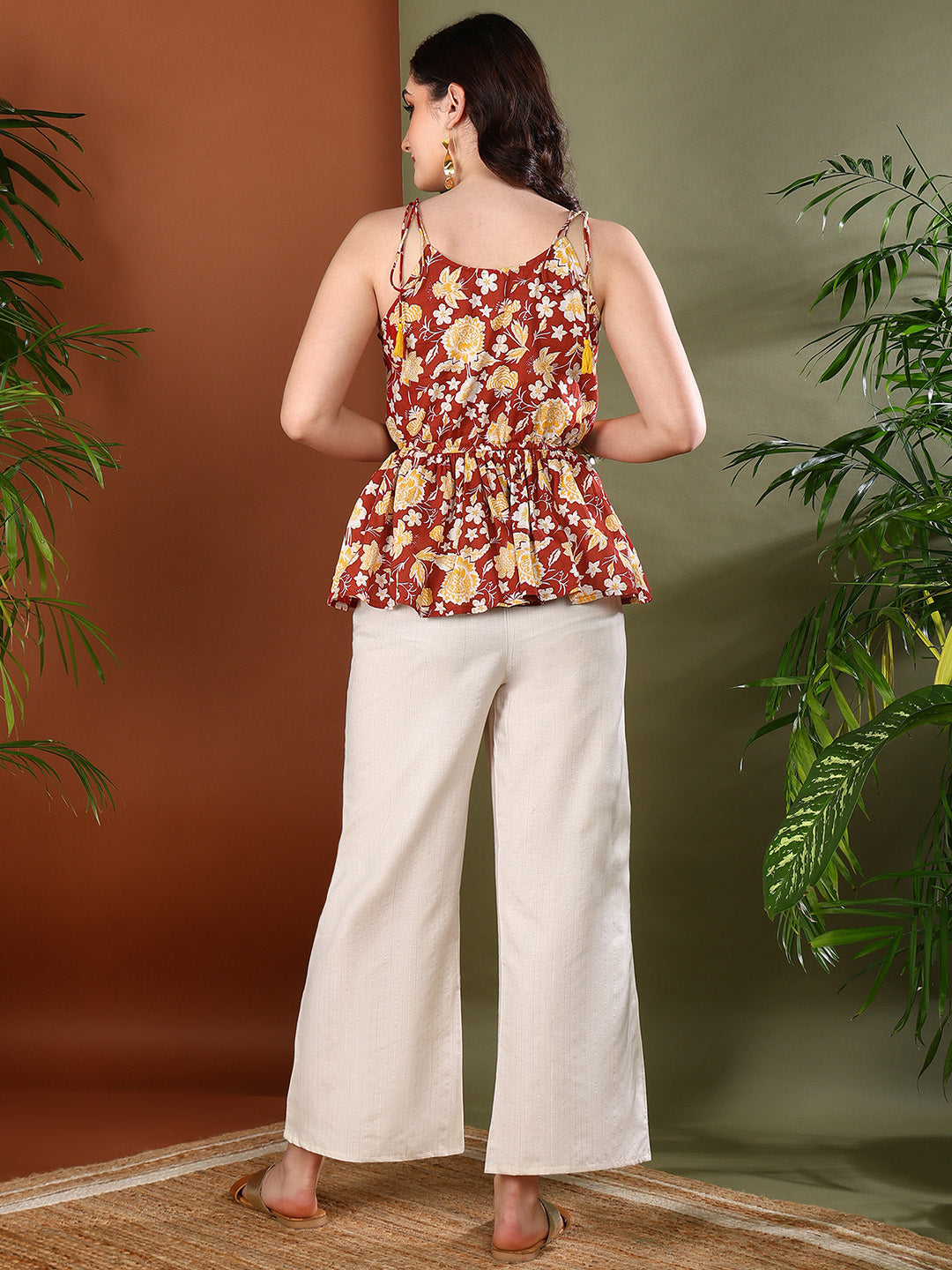Rust-Cotton-Floral-Printed-Short-Peplum-Top