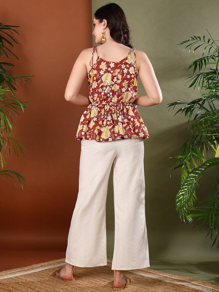 Rust-Cotton-Floral-Printed-Short-Peplum-Top