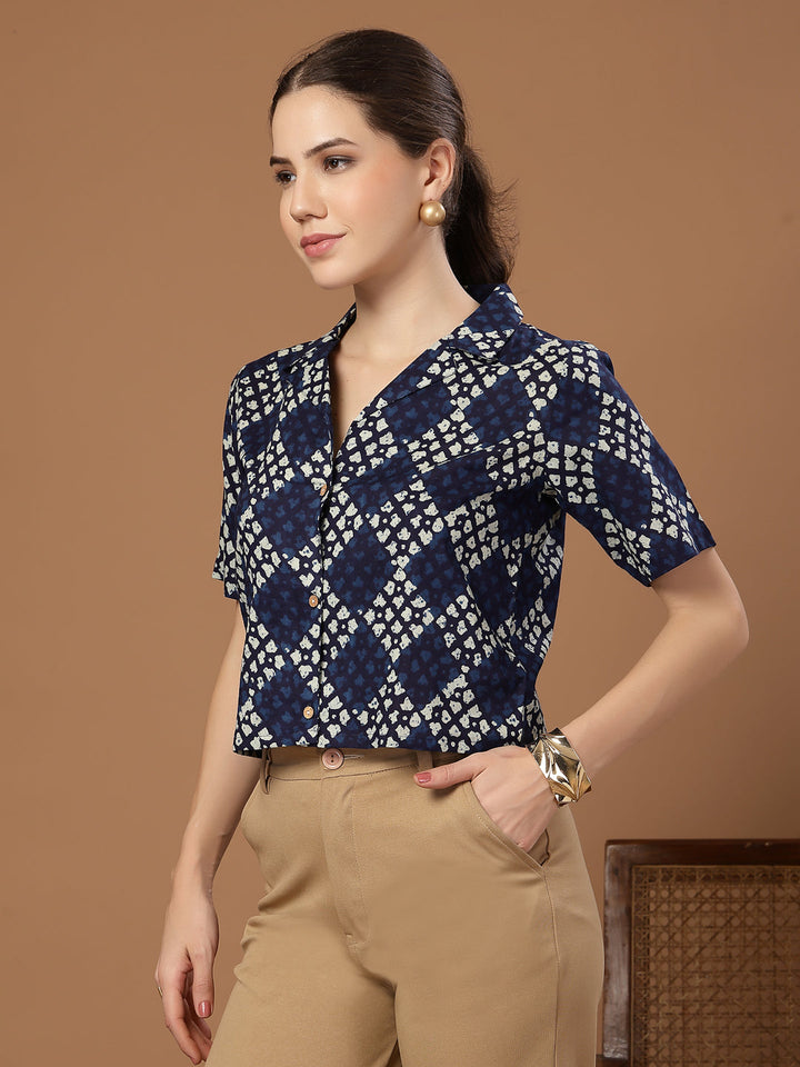 Indigo Dabu Printed Cotton Crop Top