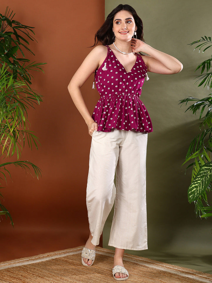 Maroon-Rayon-Bandhej-Printed-Short-Peplum-Top