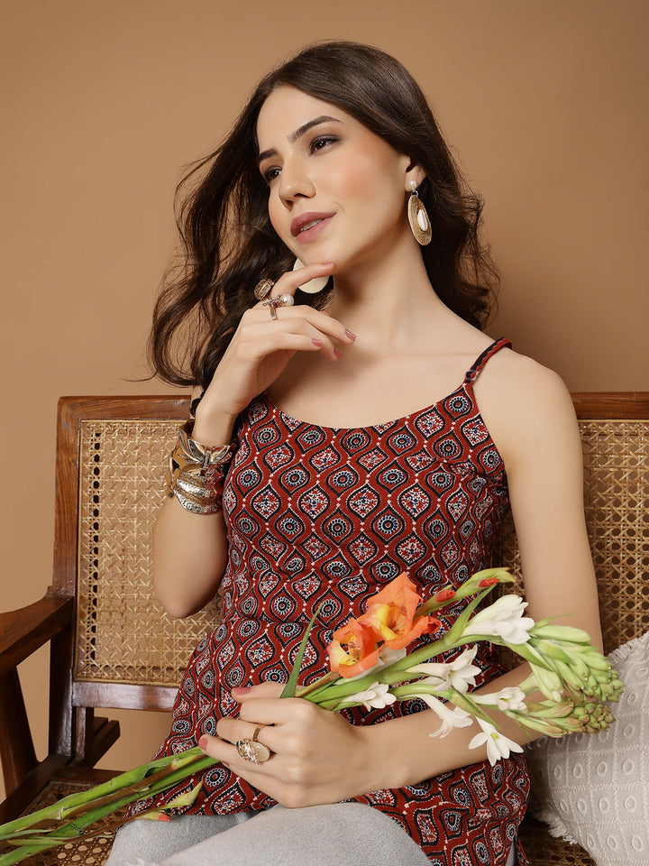 Maroon Ethnic Motif Printed Cotton Straight Top
