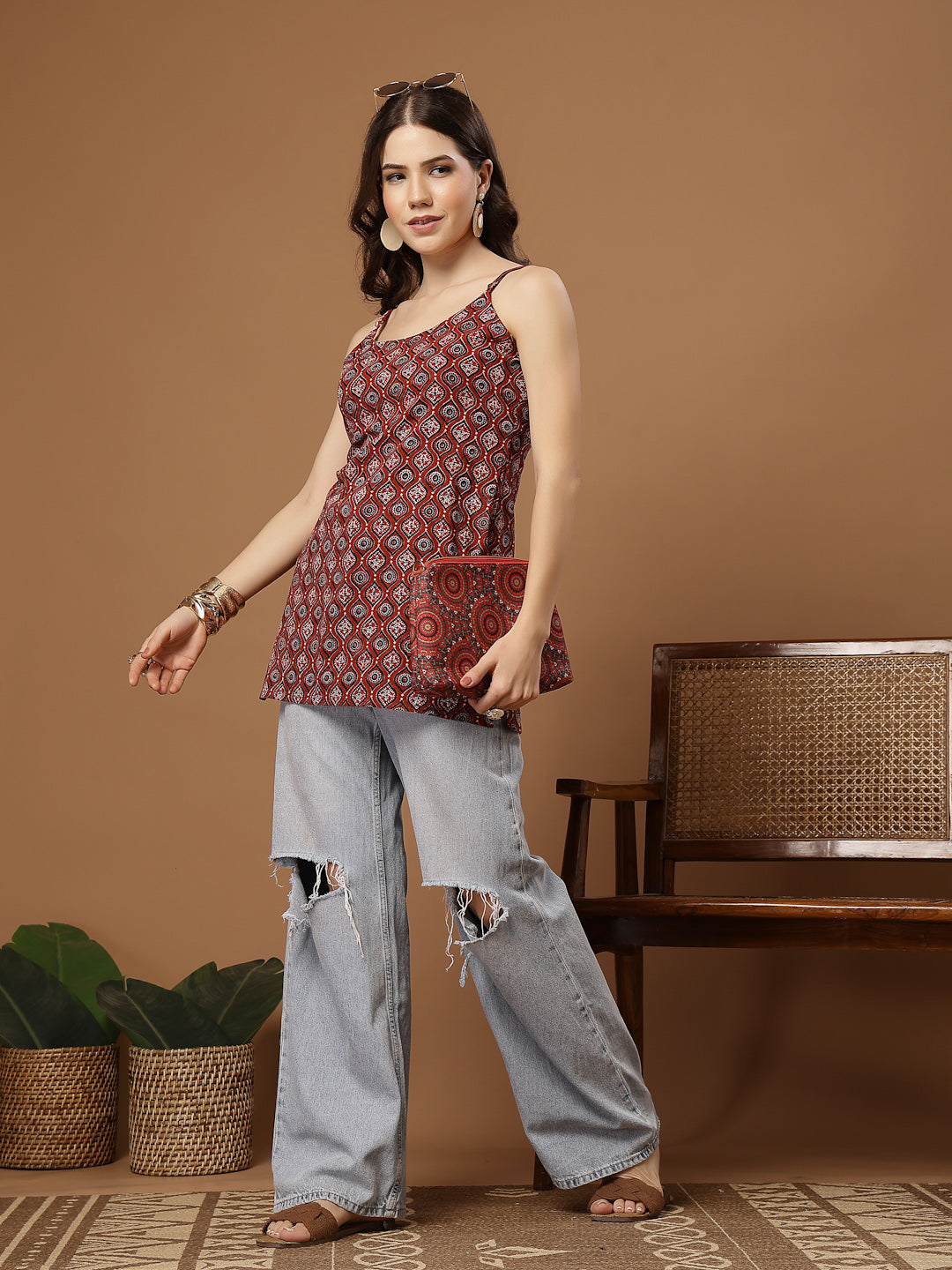 Maroon Ethnic Motif Printed Cotton Straight Top