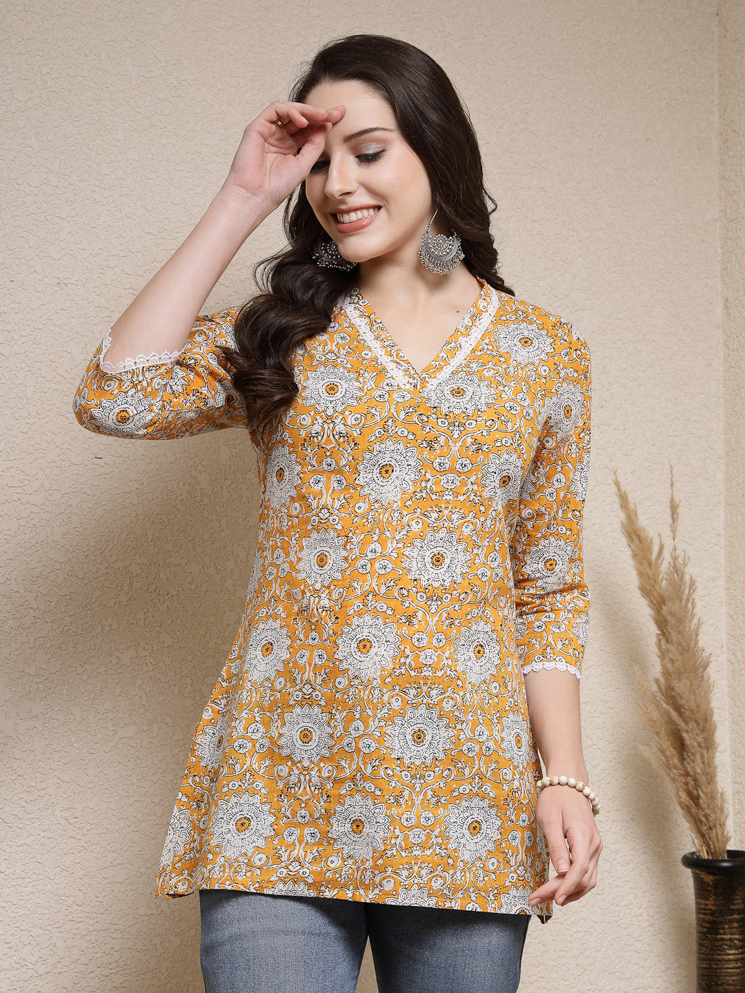Mustard-Cotton-Floral-Printed-Empire-Tunic-Only