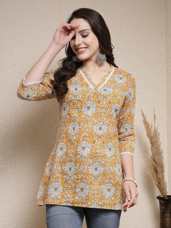 Mustard-Cotton-Floral-Printed-Empire-Tunic-Only