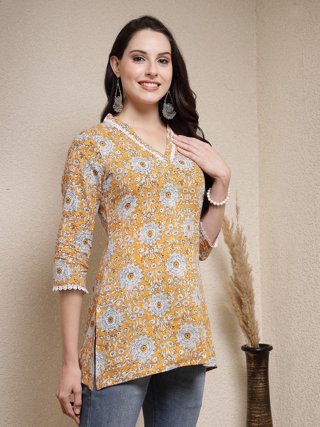 Mustard-Cotton-Floral-Printed-Empire-Tunic-Only