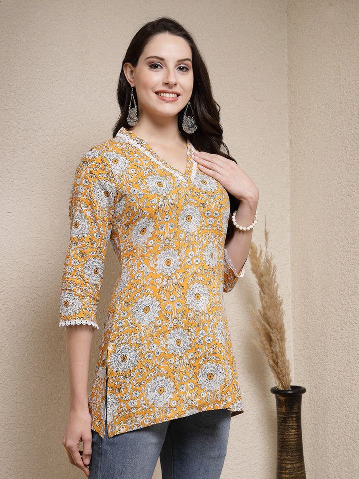 Mustard-Cotton-Floral-Printed-Empire-Tunic-Only