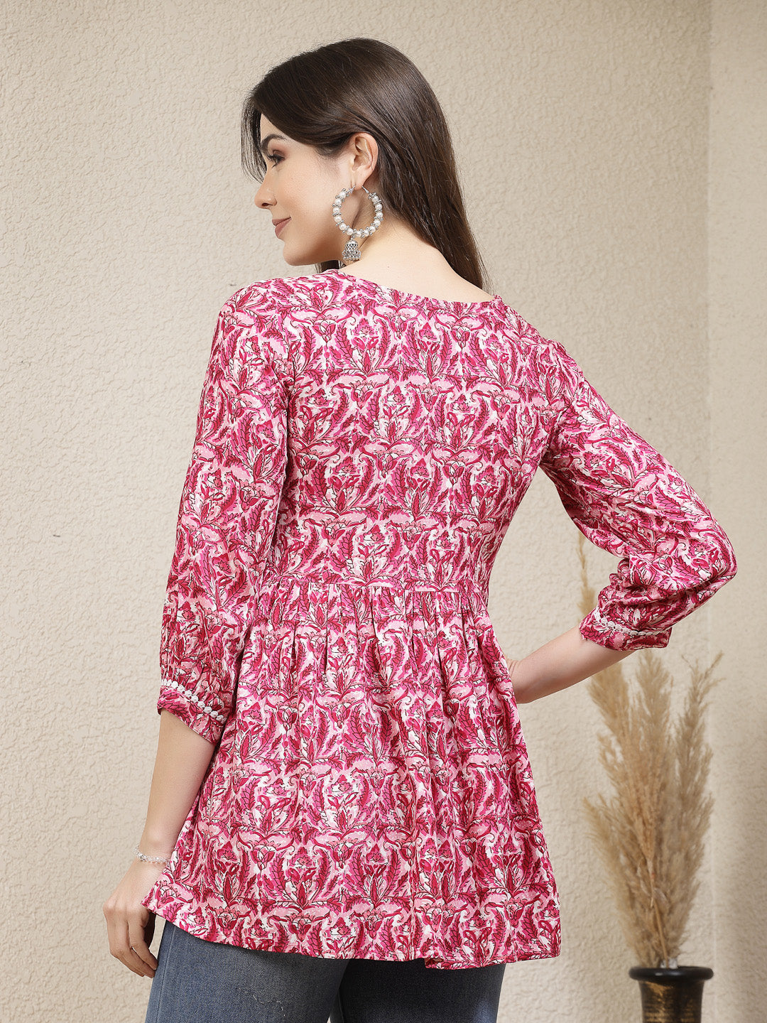 Pink-Cotton-Floral-Rayon-Printed-Peplum-Tunic-Only