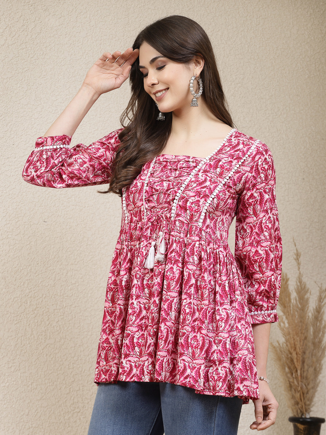 Pink-Cotton-Floral-Rayon-Printed-Peplum-Tunic-Only