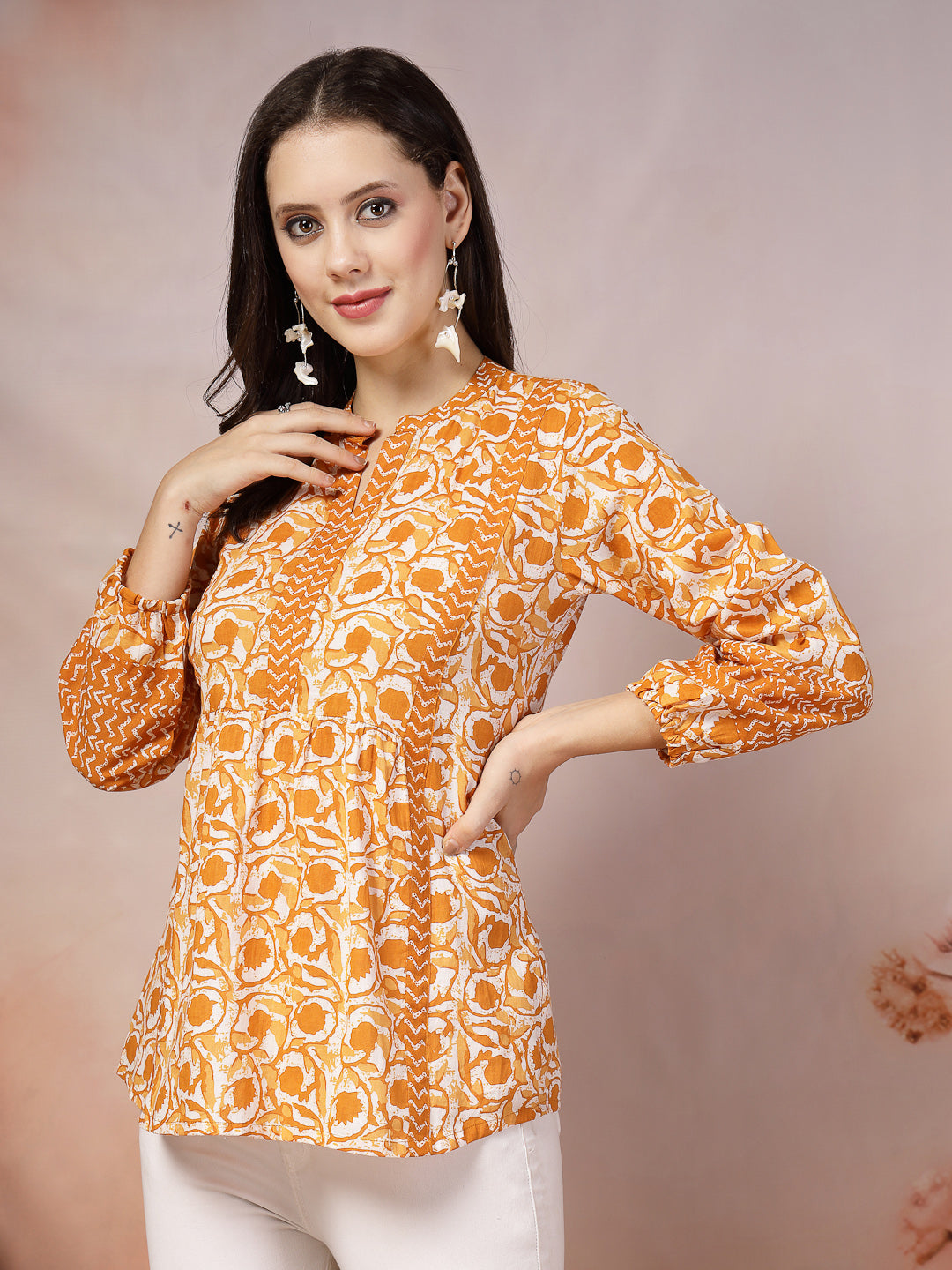 Yellow-Cotton-Floral-Printed-Tunic-Only