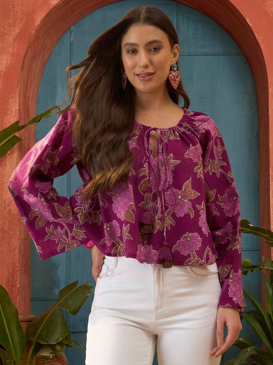Pink Floral Printed Cotton Short Top