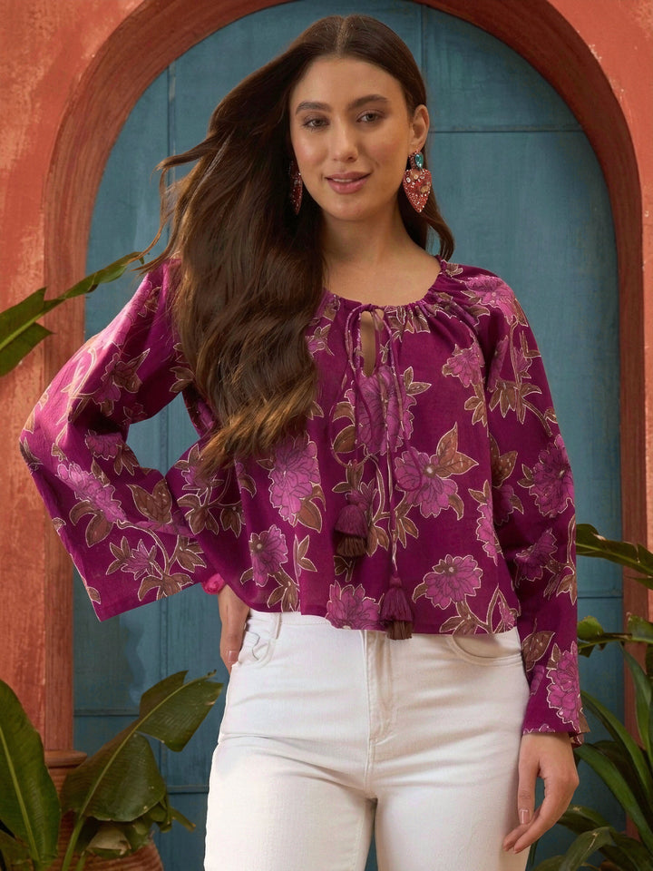 Pink Floral Printed Cotton Short Top
