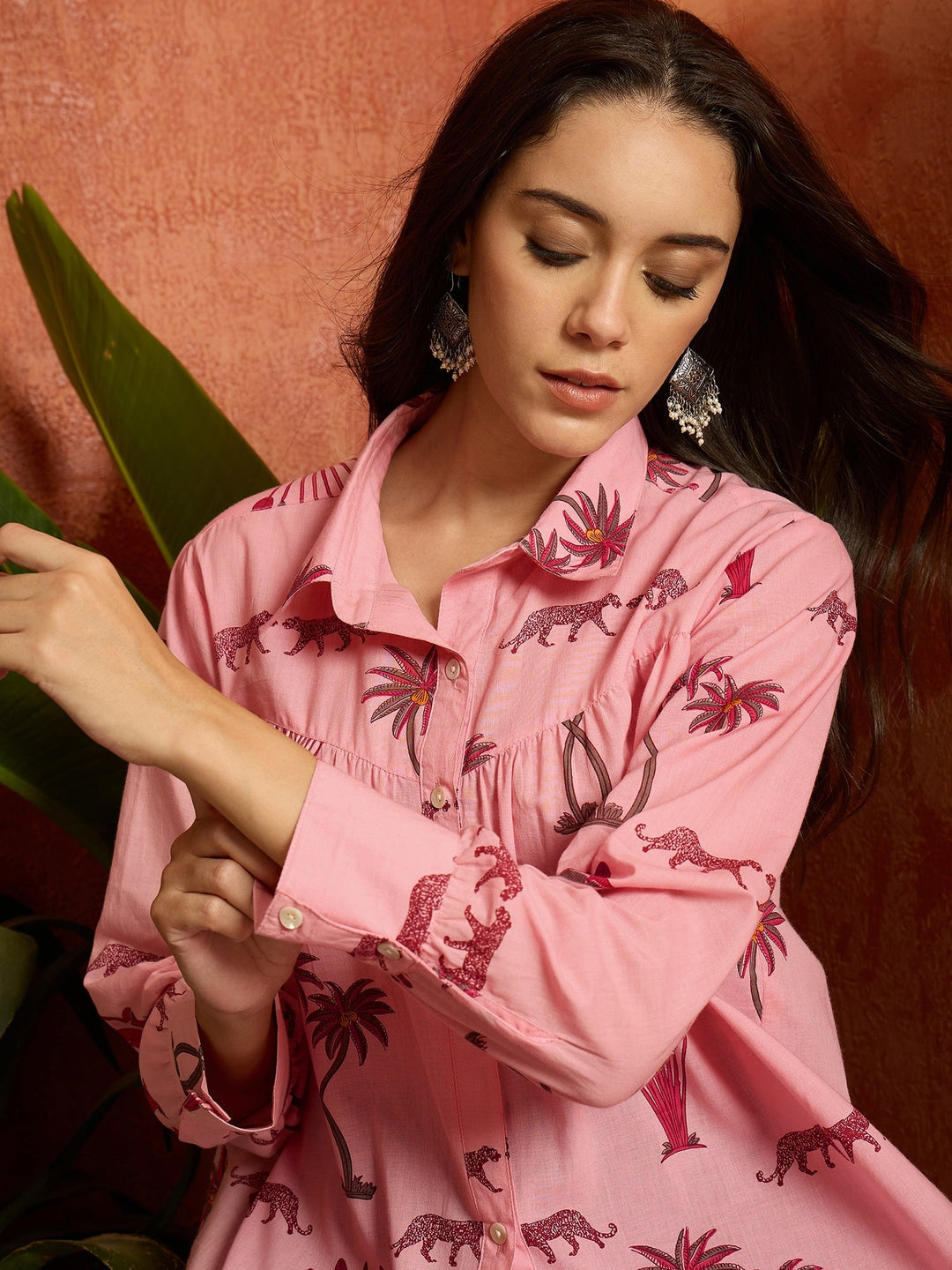 Pink Palm Tree Printed Cotton Shirt
