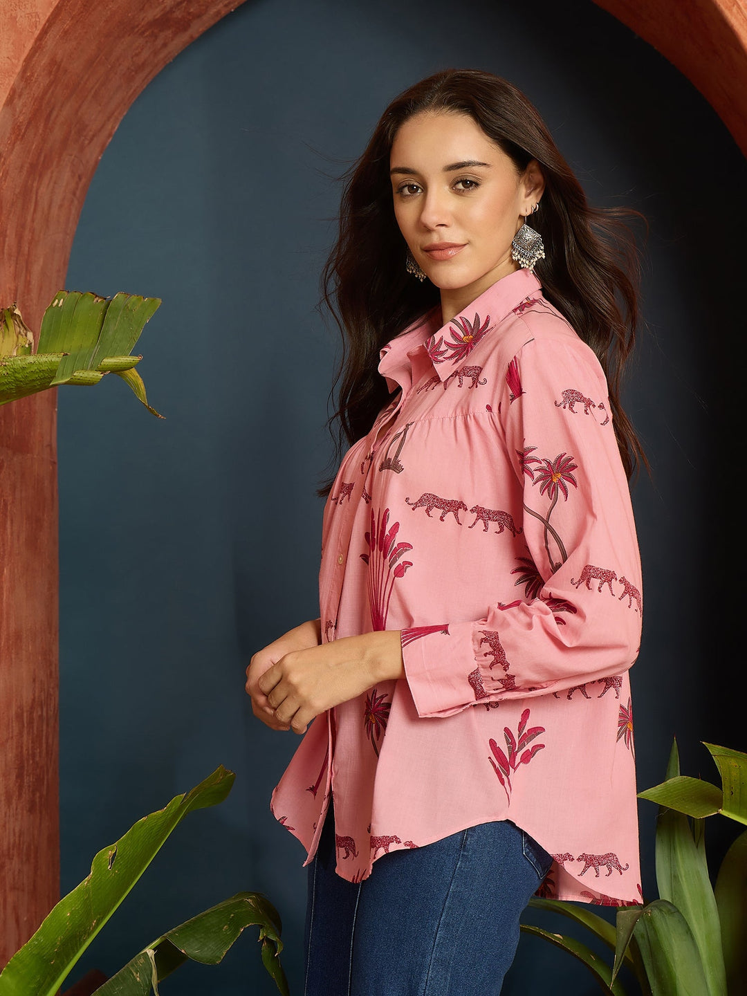Pink Palm Tree Printed Cotton Shirt