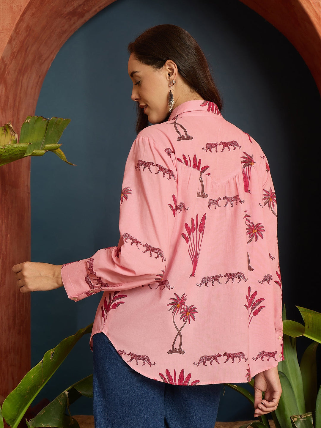 Pink Palm Tree Printed Cotton Shirt
