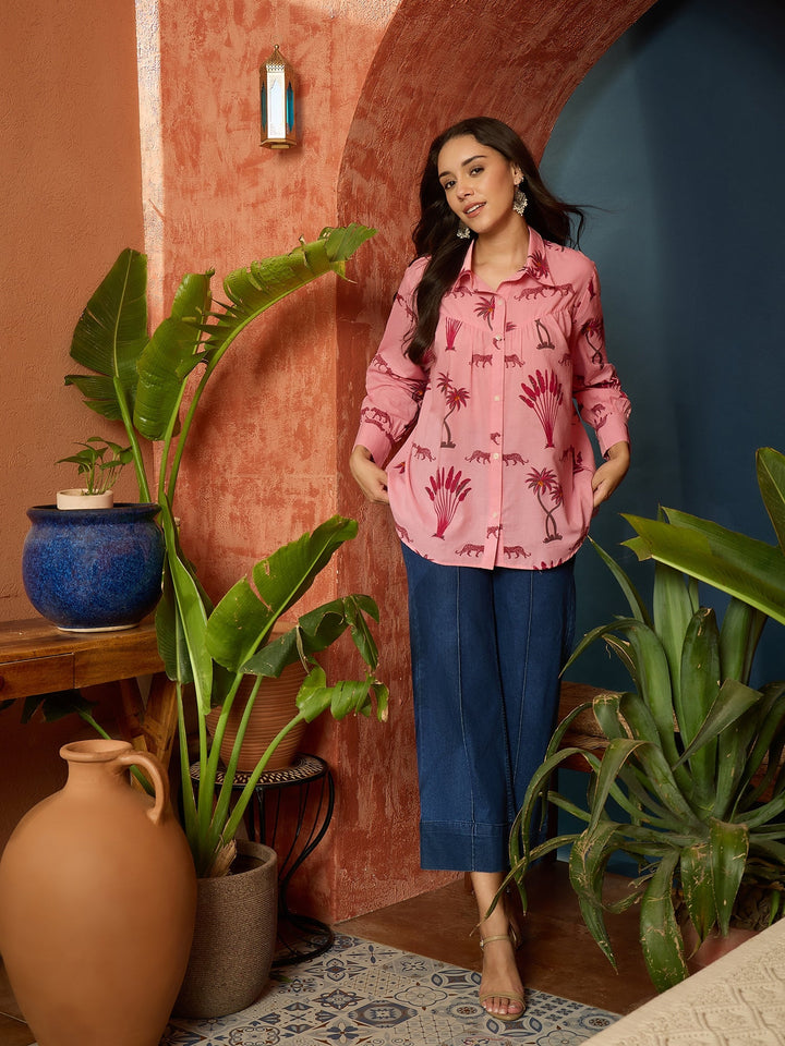 Pink Palm Tree Printed Cotton Shirt