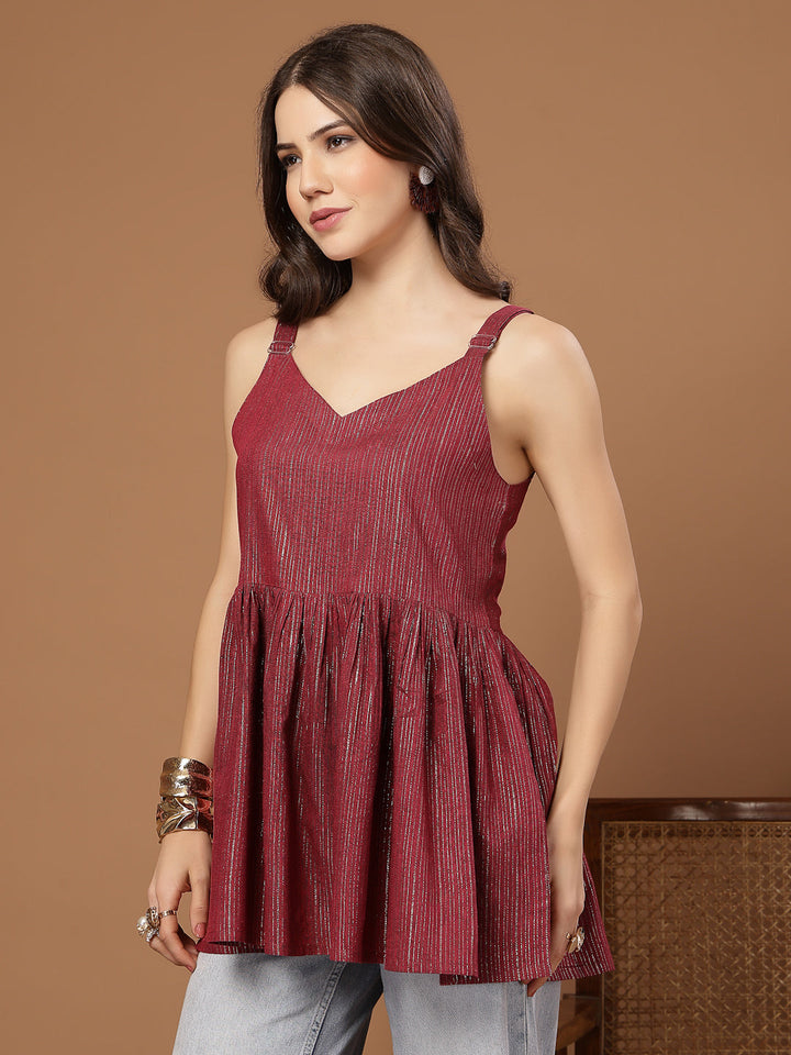 Pink Woven Design Shimmer Lurex Cotton Empire Top