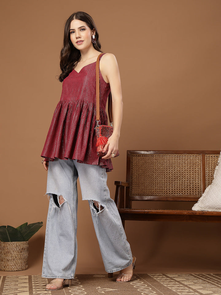 Pink Woven Design Shimmer Lurex Cotton Empire Top