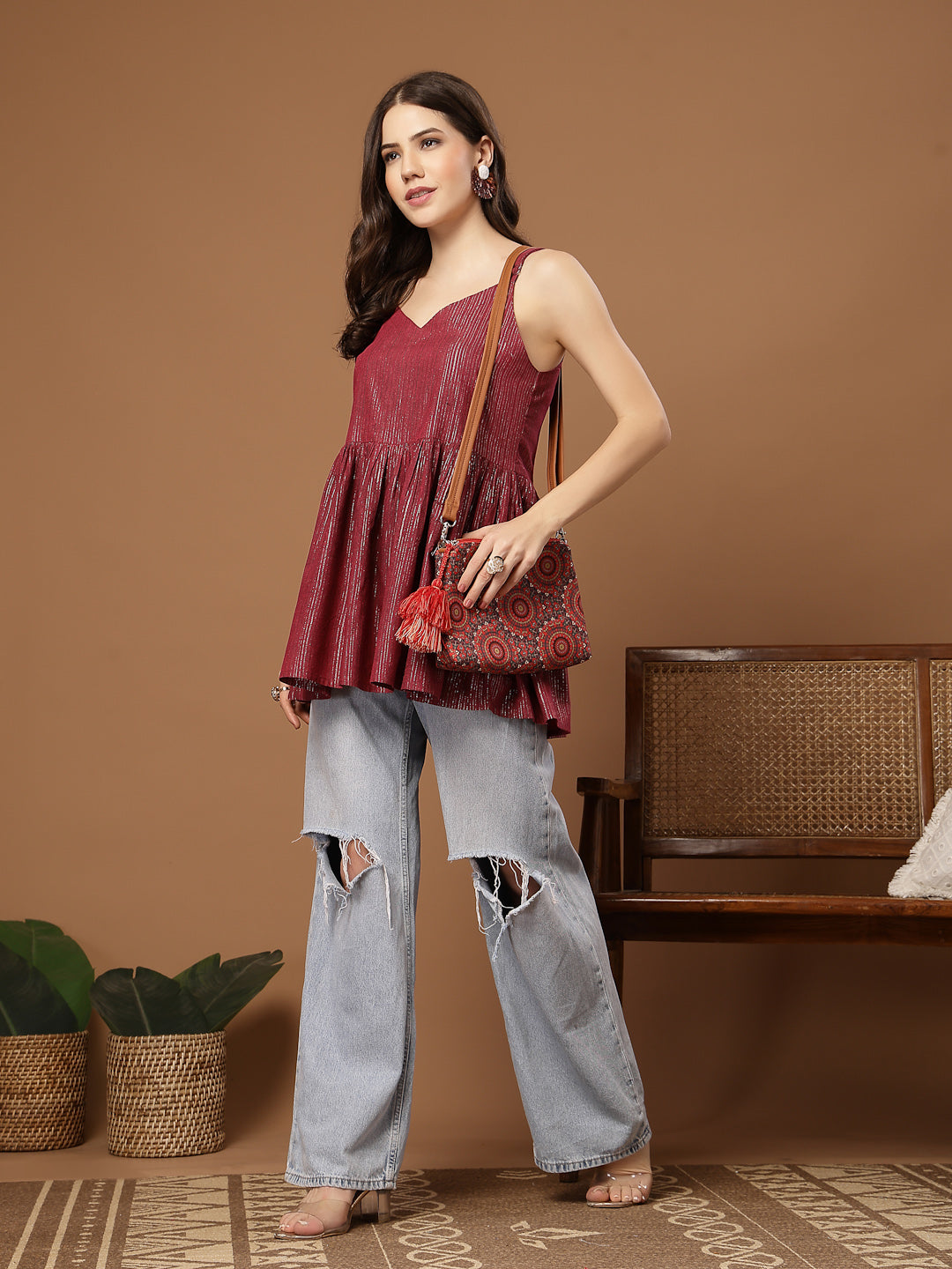 Pink Woven Design Shimmer Lurex Cotton Empire Top