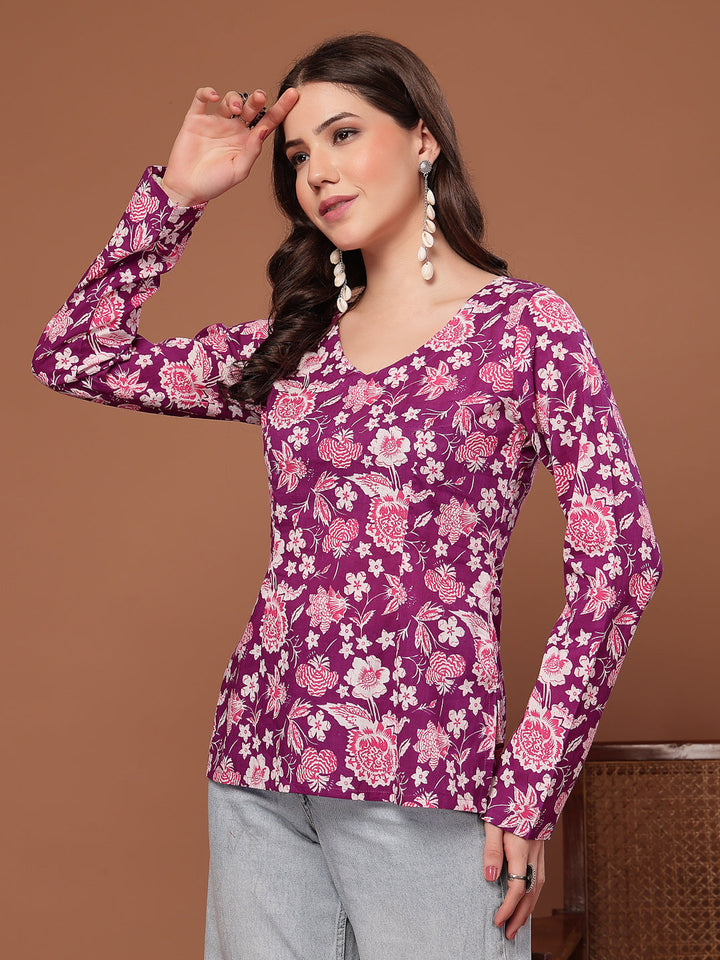 Purple Floral Printed Cotton Straight Top