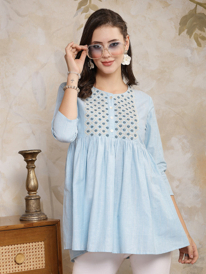 Sky-Blue-Cotton-Embroidered-Peplum-Tunic-Only