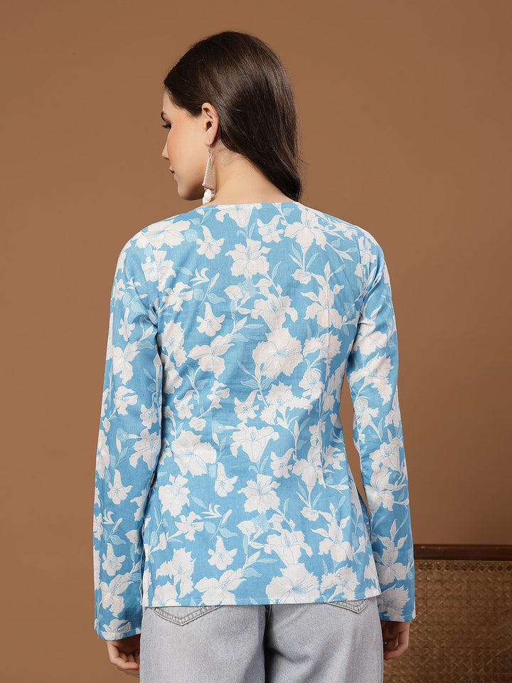 Sky Blue Floral Printed Cotton Straight Top