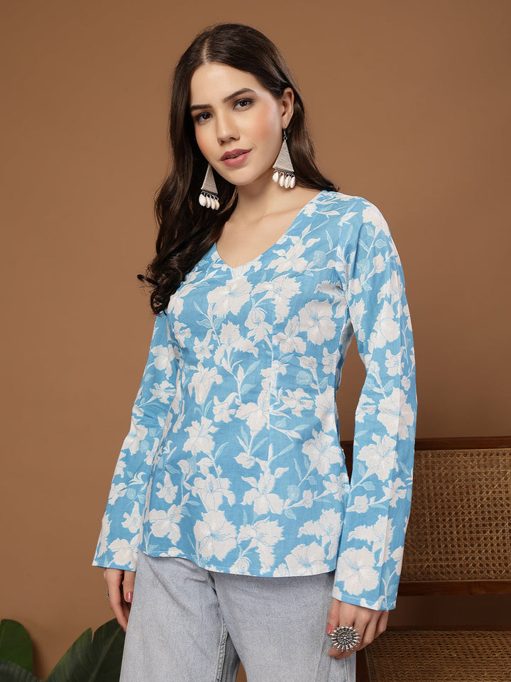 Sky Blue Floral Printed Cotton Straight Top