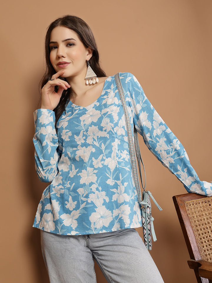 Sky Blue Floral Printed Cotton Straight Top