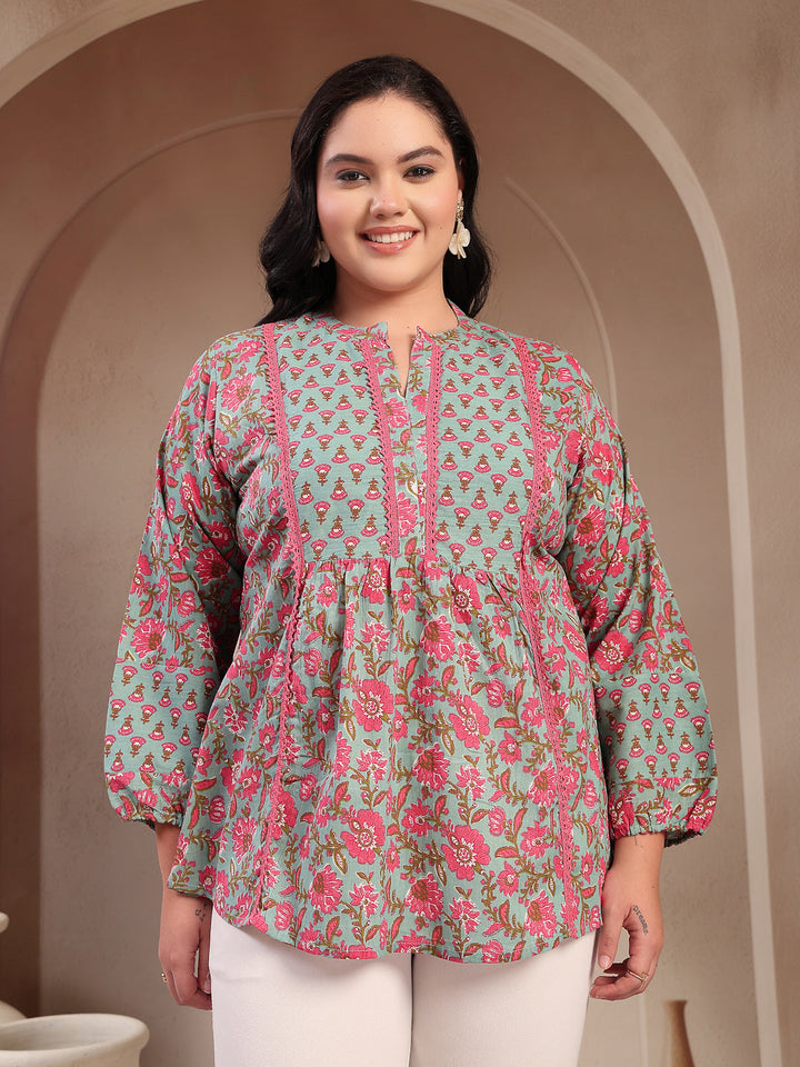 Stylum Plus Size Women's Sky Blue Printed Cotton Top