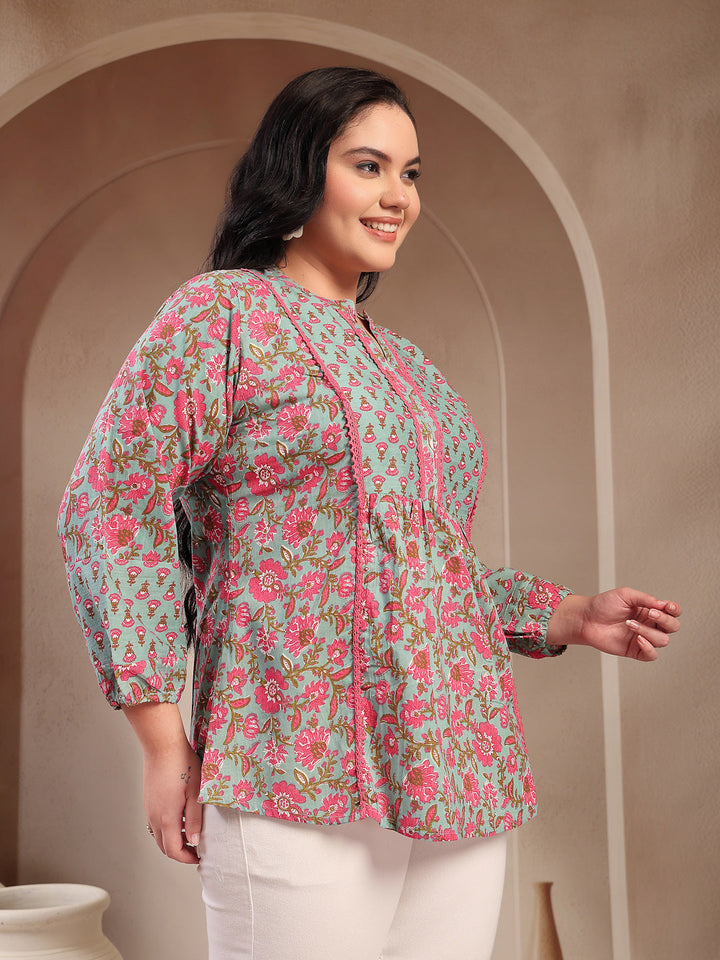Stylum Plus Size Women's Sky Blue Printed Cotton Top