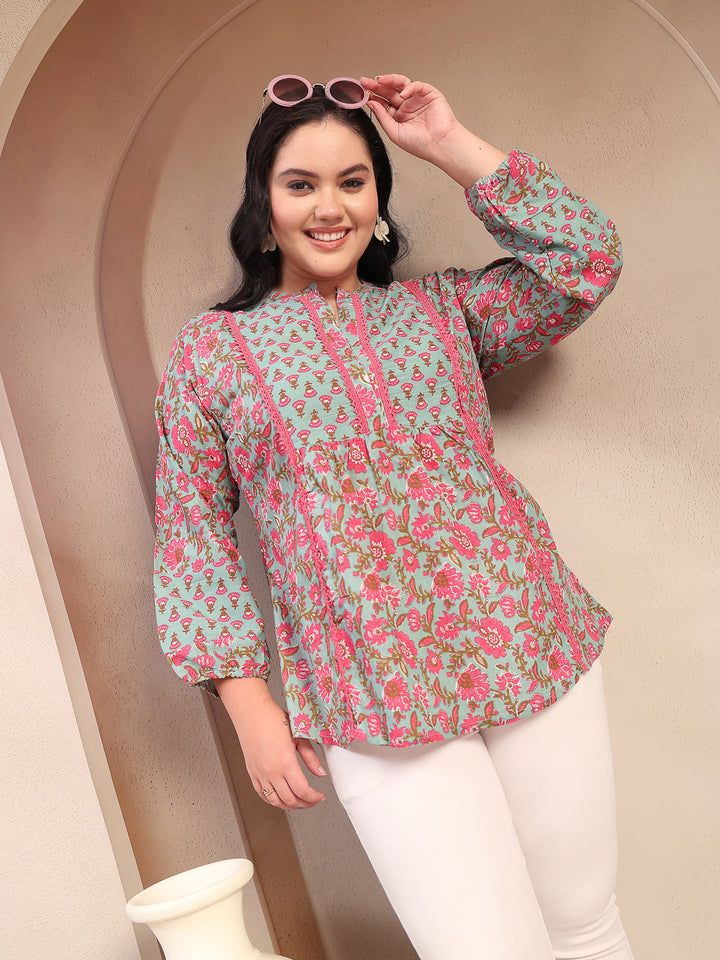 Stylum Plus Size Women's Sky Blue Printed Cotton Top