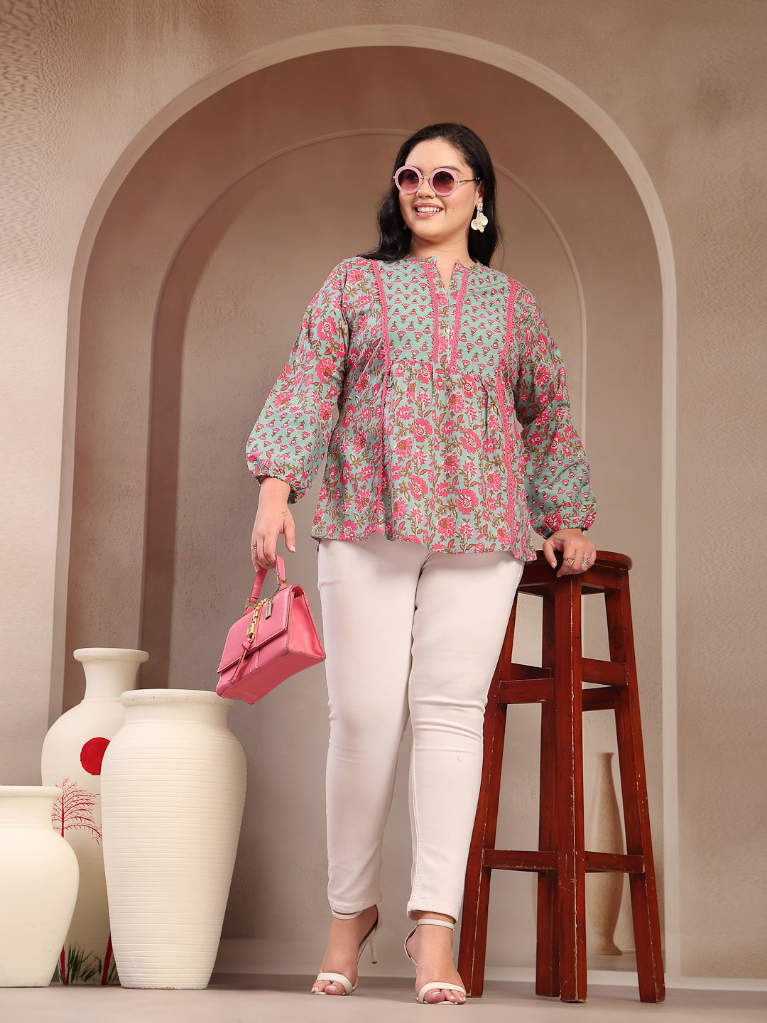 Stylum Plus Size Women's Sky Blue Printed Cotton Top