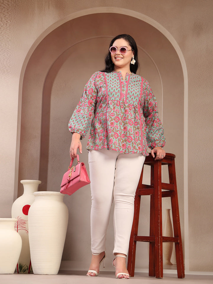 Stylum Plus Size Women's Sky Blue Printed Cotton Top