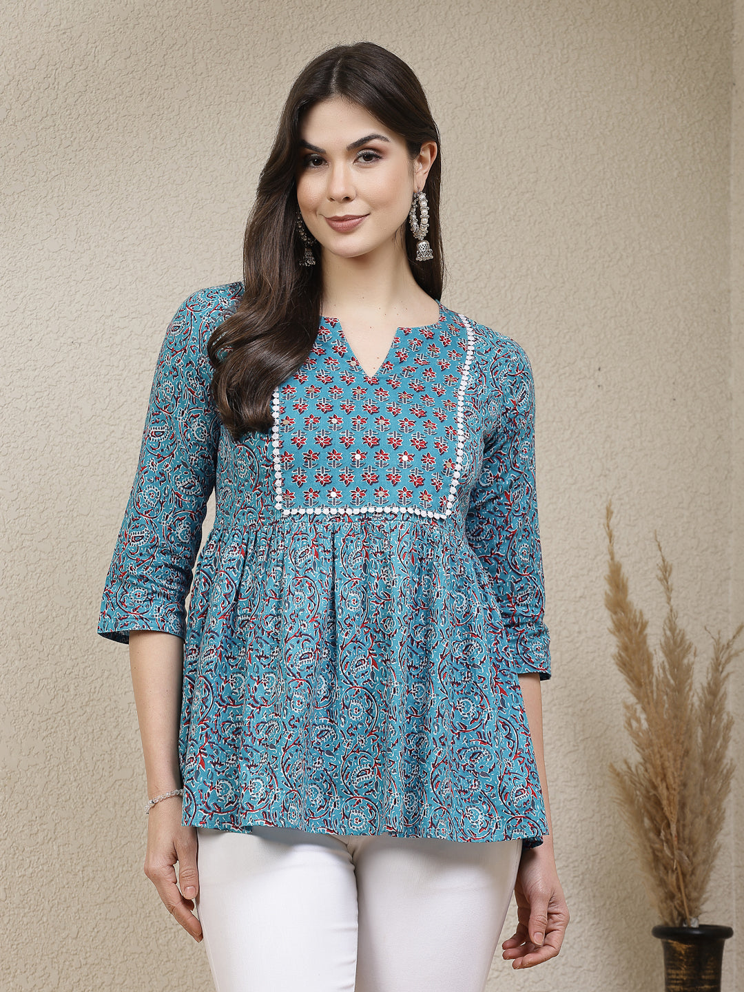Turquoise-Blue-Rayon-Floral-Cotton-Printed-Peplum-Tunic-Only