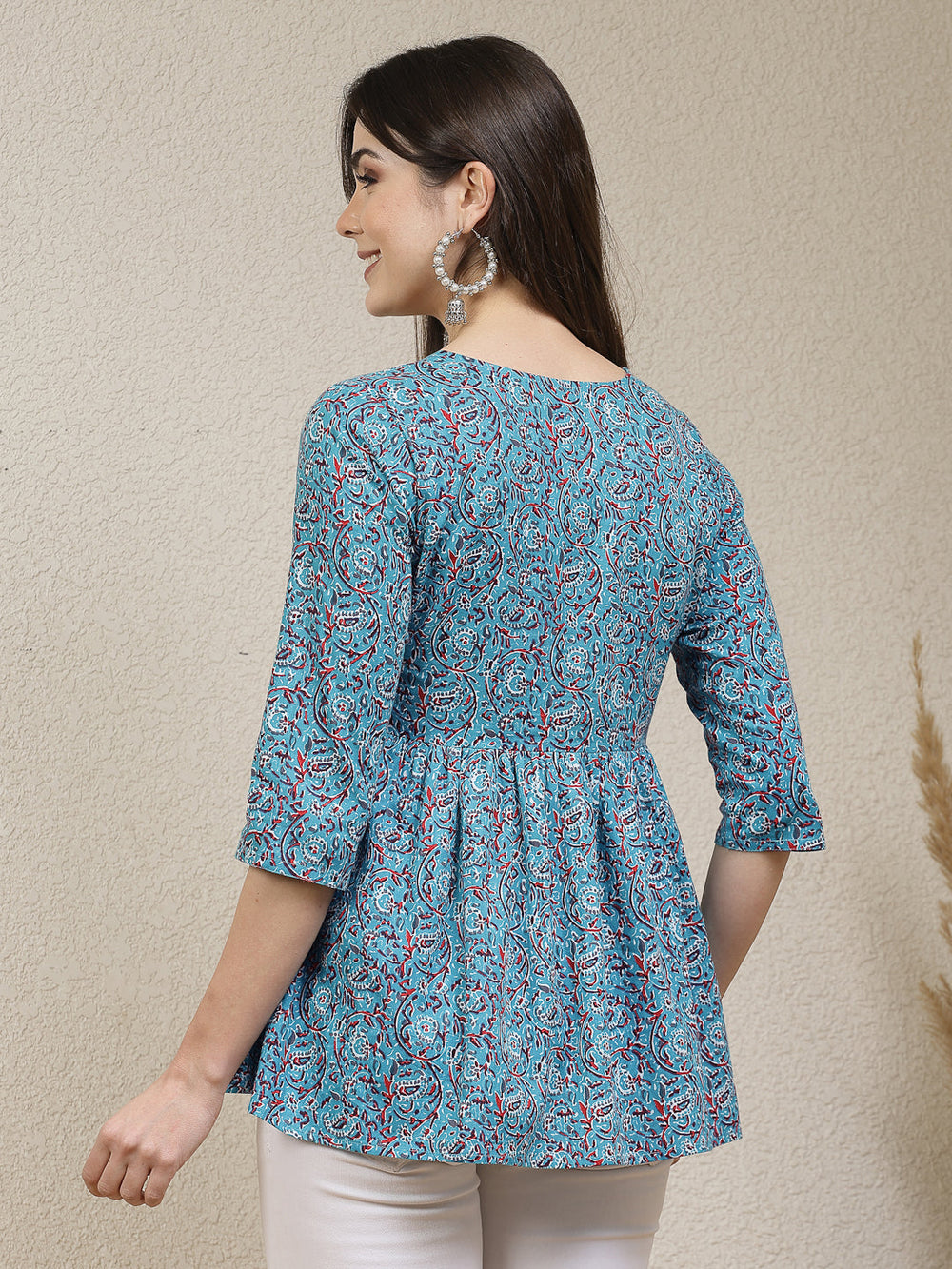 Turquoise-Blue-Rayon-Floral-Cotton-Printed-Peplum-Tunic-Only