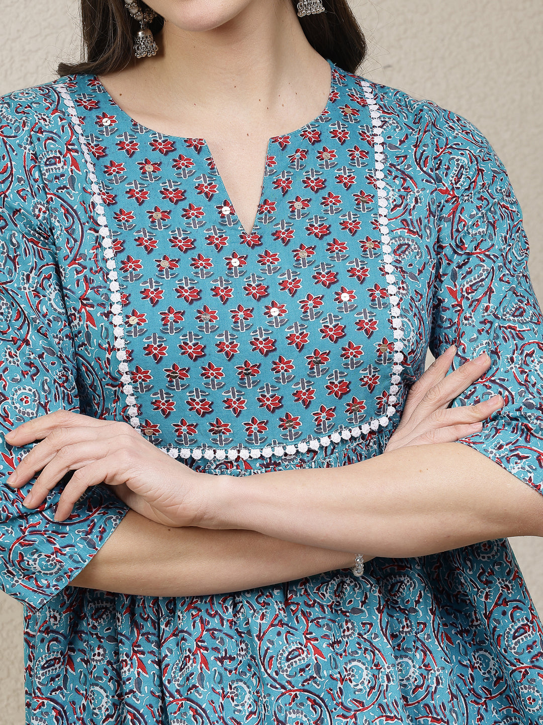 Turquoise-Blue-Rayon-Floral-Cotton-Printed-Peplum-Tunic-Only