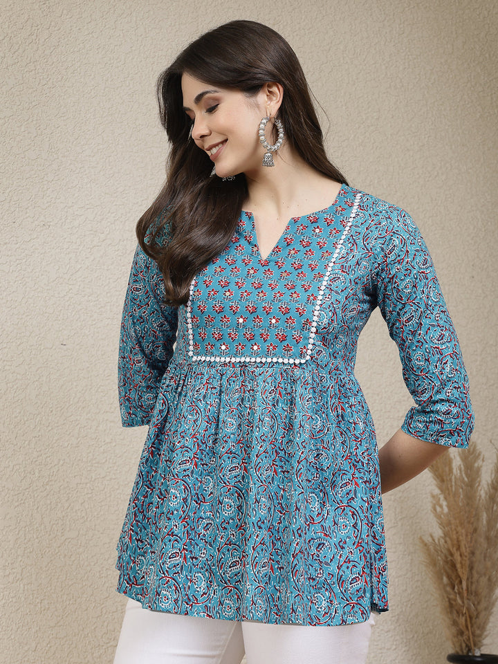 Turquoise-Blue-Rayon-Floral-Cotton-Printed-Peplum-Tunic-Only
