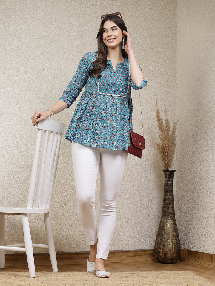 Turquoise-Blue-Rayon-Floral-Cotton-Printed-Peplum-Tunic-Only