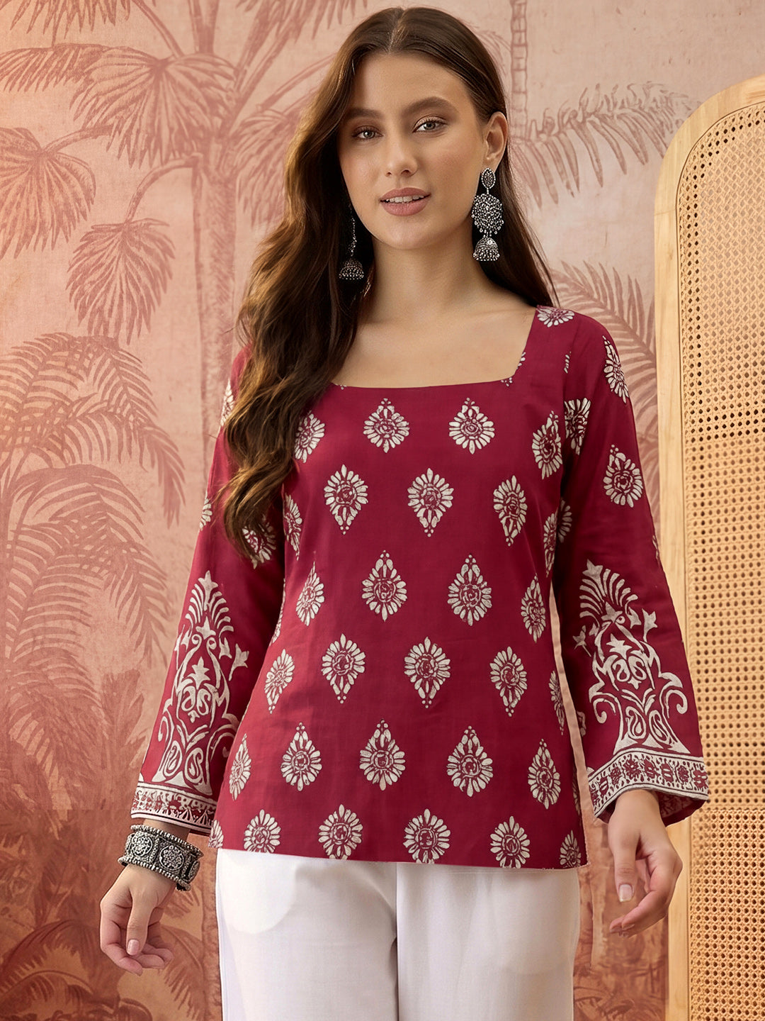 Wine Block Printed Rayon Straight Top