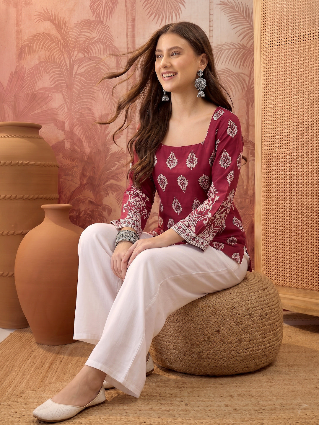 Wine Block Printed Rayon Straight Top