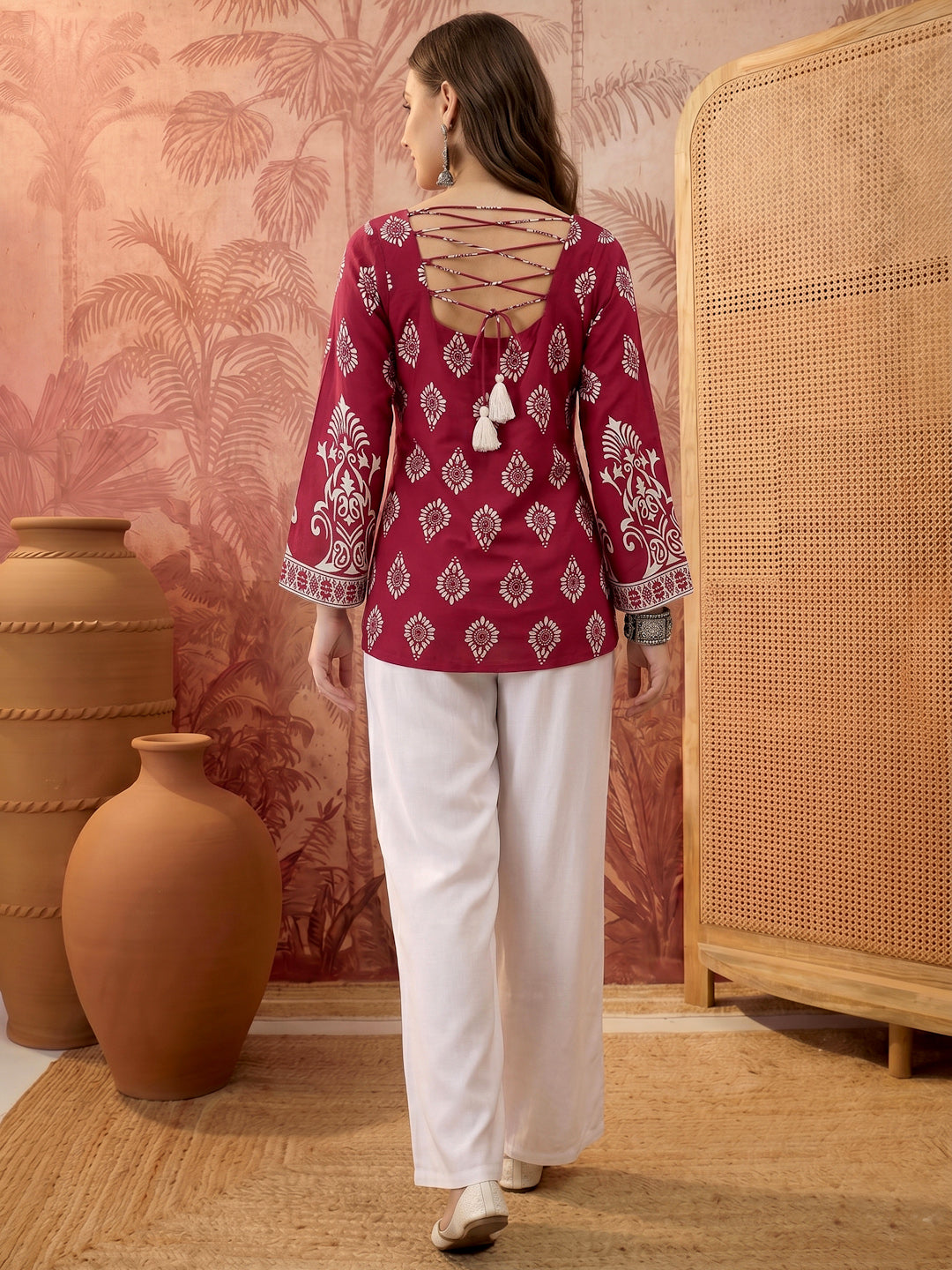 Wine Block Printed Rayon Straight Top