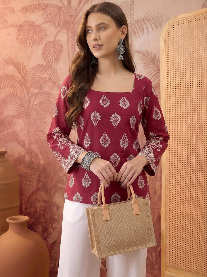 Wine Block Printed Rayon Straight Top
