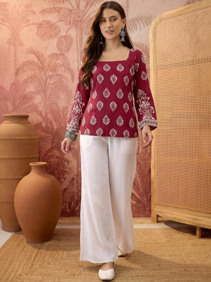 Wine Block Printed Rayon Straight Top