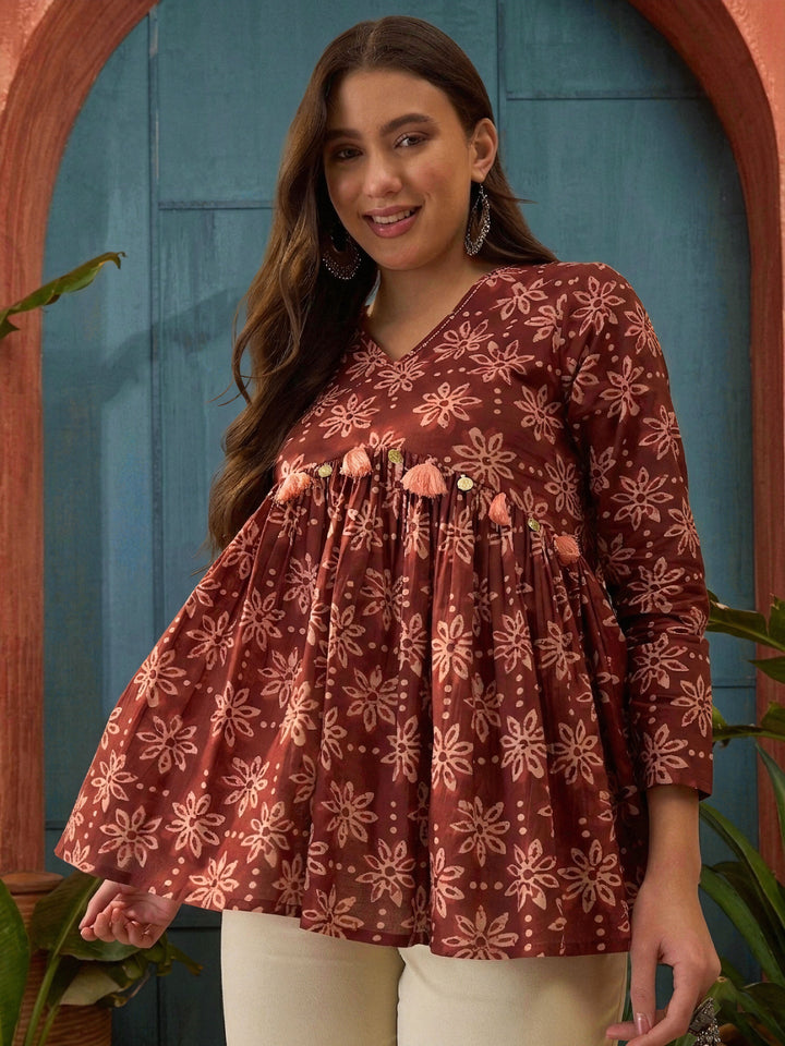 Wine Ikkat Printed Cotton Empire Top
