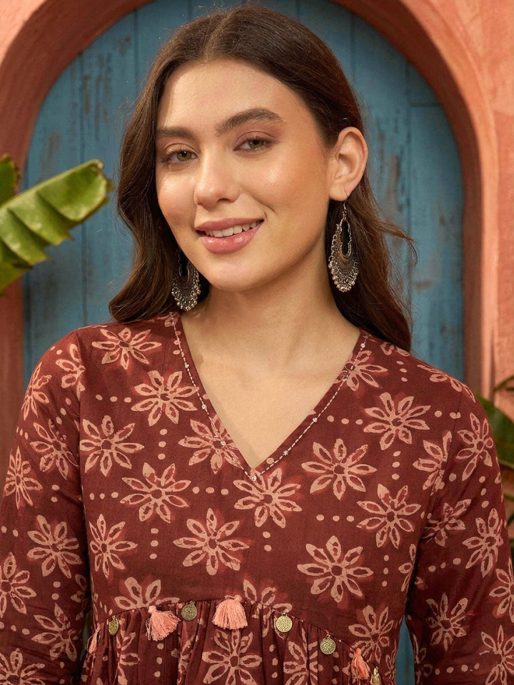 Wine Ikkat Printed Cotton Empire Top