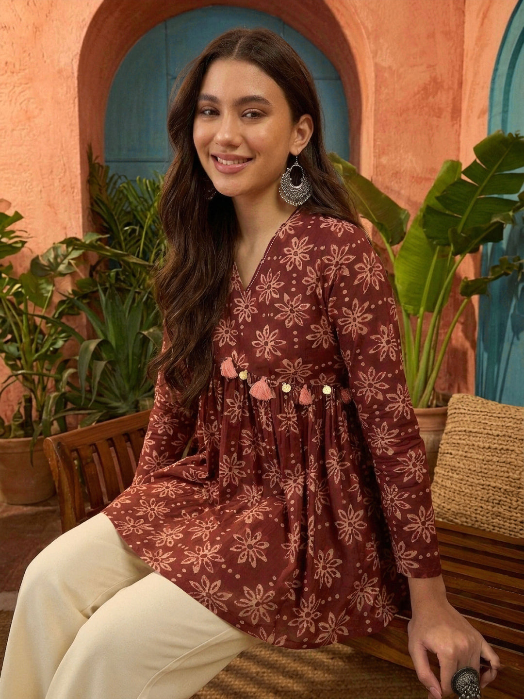 Wine Ikkat Printed Cotton Empire Top