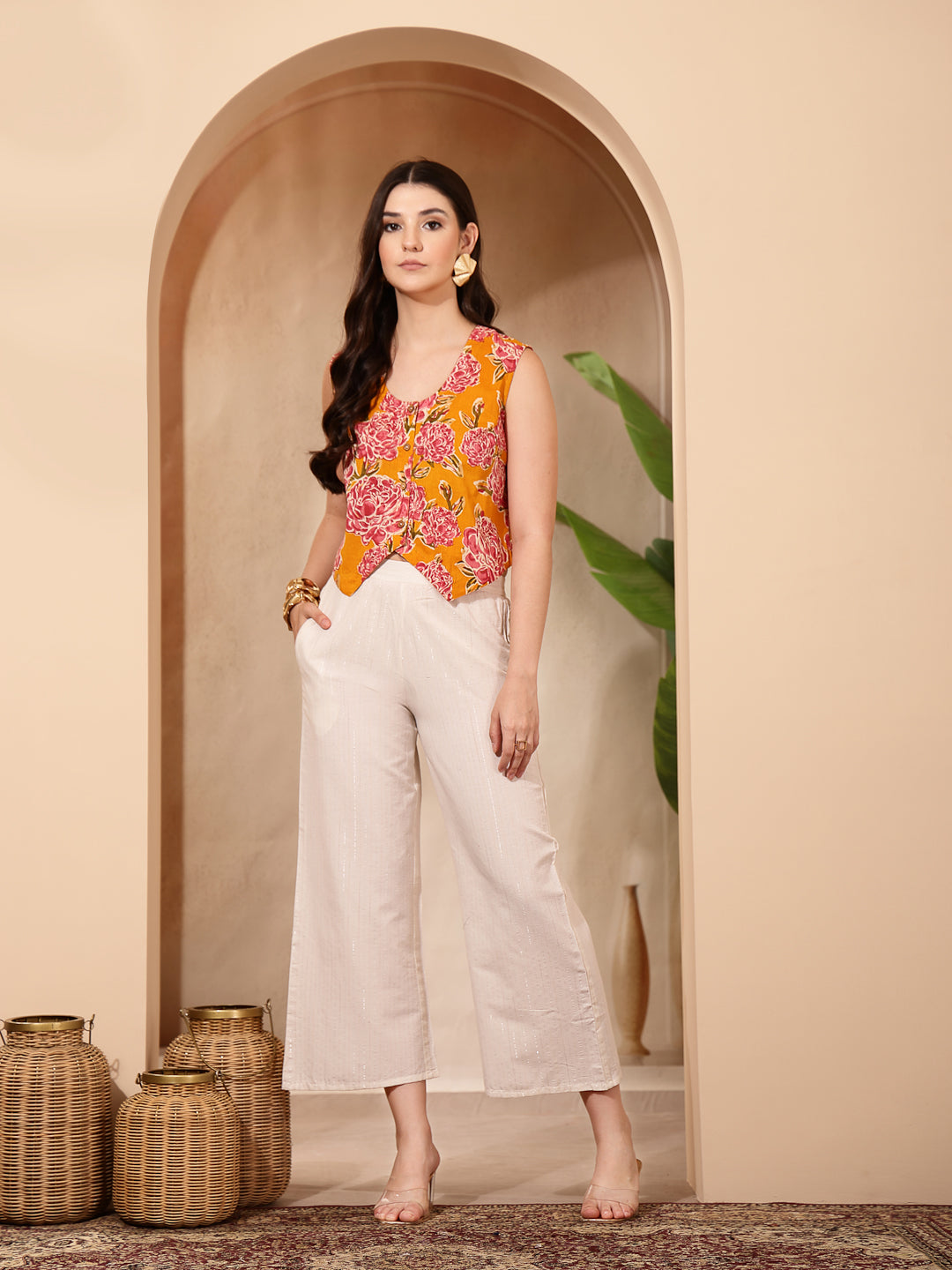 Yellow Floral Printed Cotton Vest Top