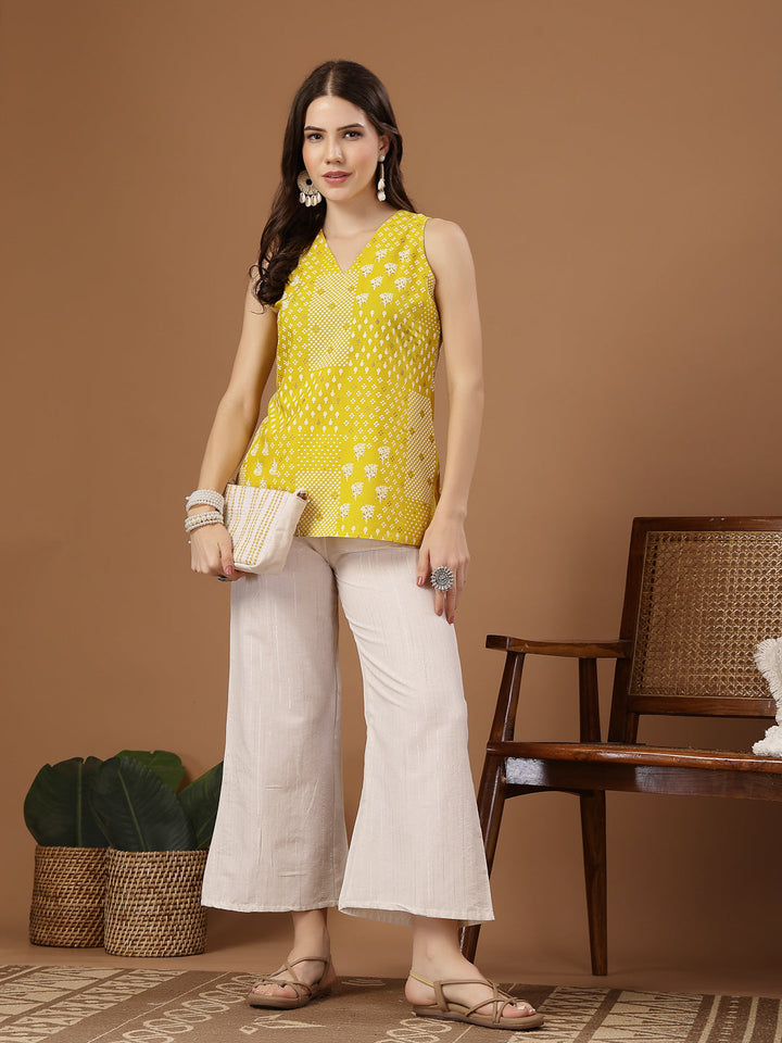 Yellow Geometric Printed Rayon Straight Top