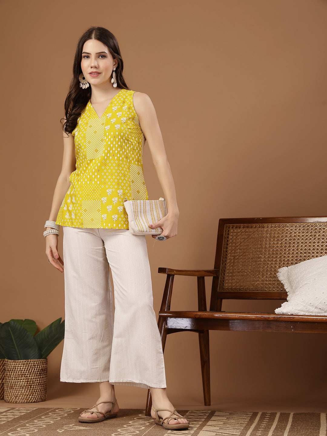 Yellow Geometric Printed Rayon Straight Top